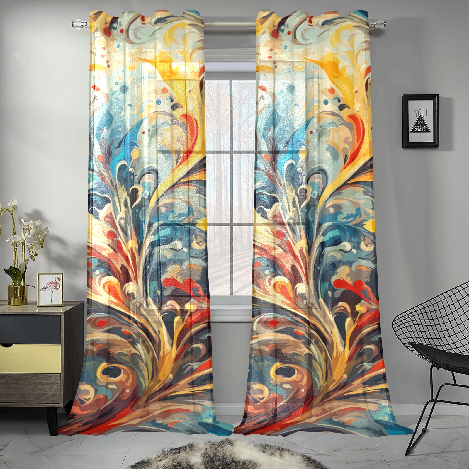 Stunning abstract floral ornament. Colorful art. Gauze Curtain 28"x95" (Two-Piece)