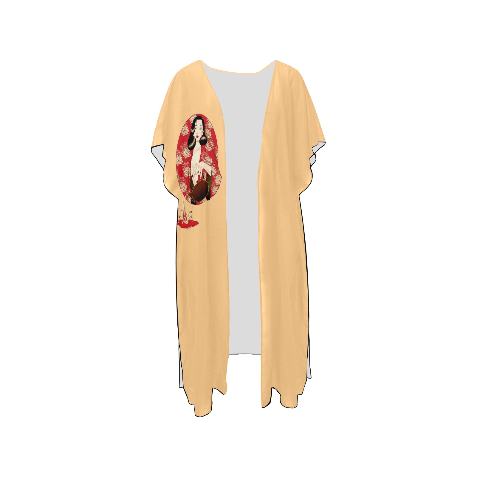 Asian Lady Pouring Tea Print (Beige) Mid-Length Side Slits Chiffon Cover Ups (Model H50)