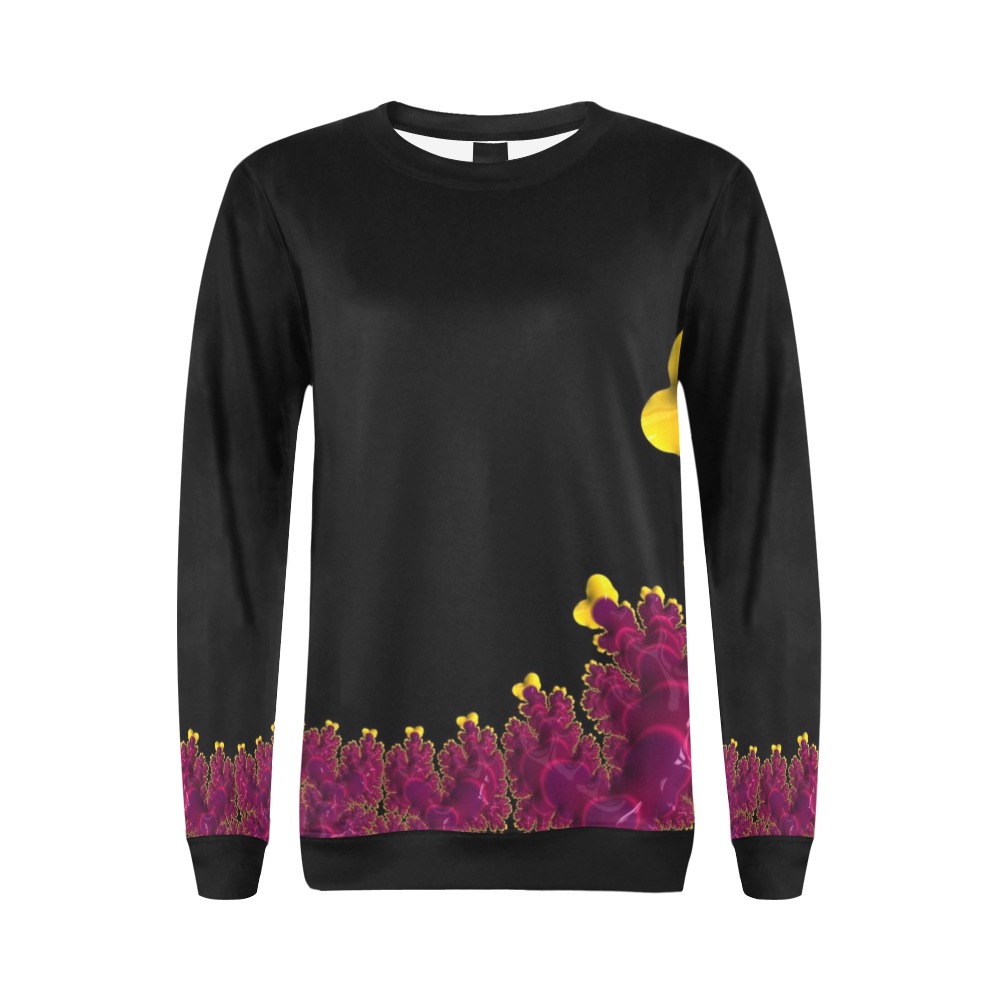 Purple Mauve and Yellow Fringe on Black Fractal Abstract All Over Print Crewneck Sweatshirt for Women (Model H18)