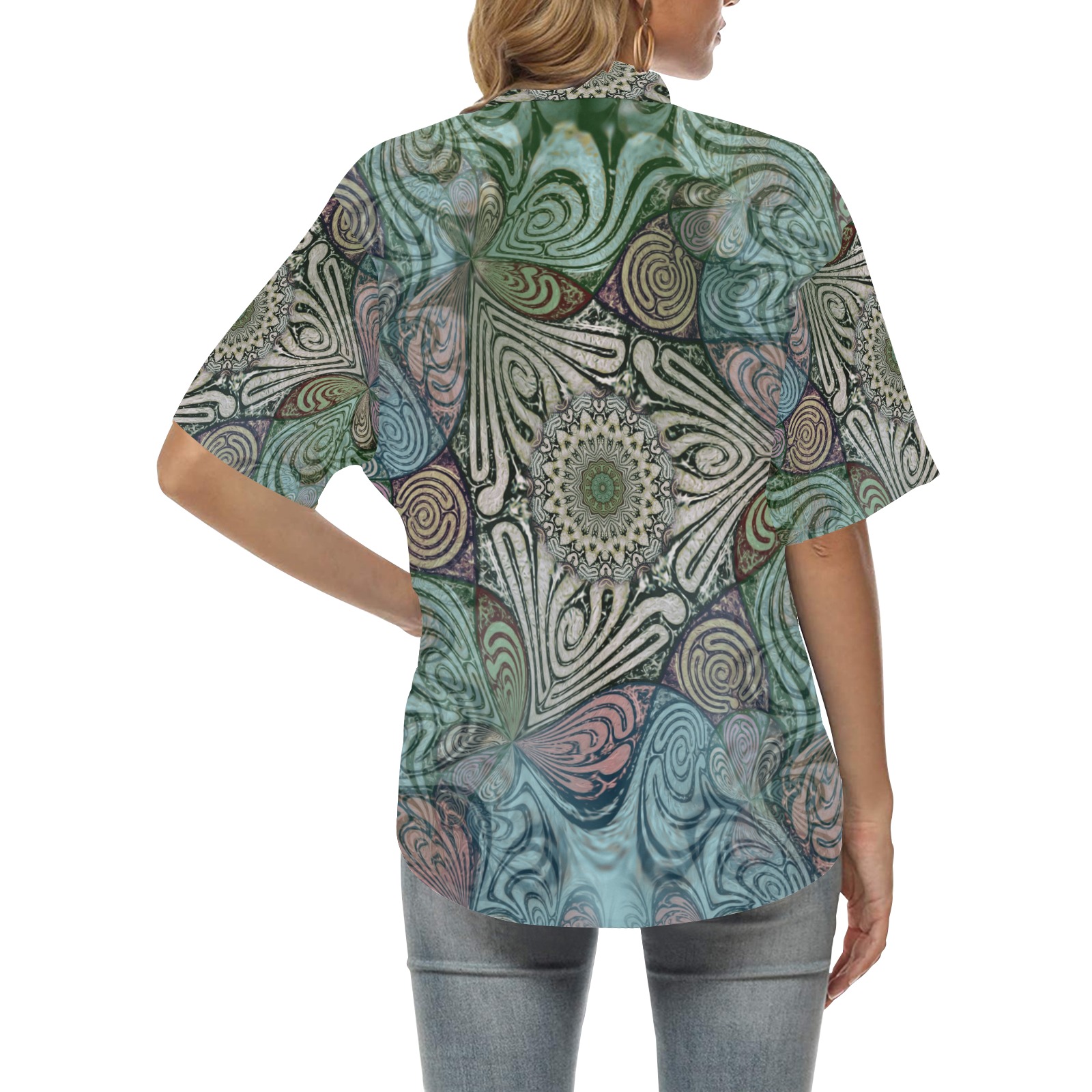 Abstract Labyrinth Mandala Blue Green Grey All Over Print Hawaiian Shirt for Women (Model T58)