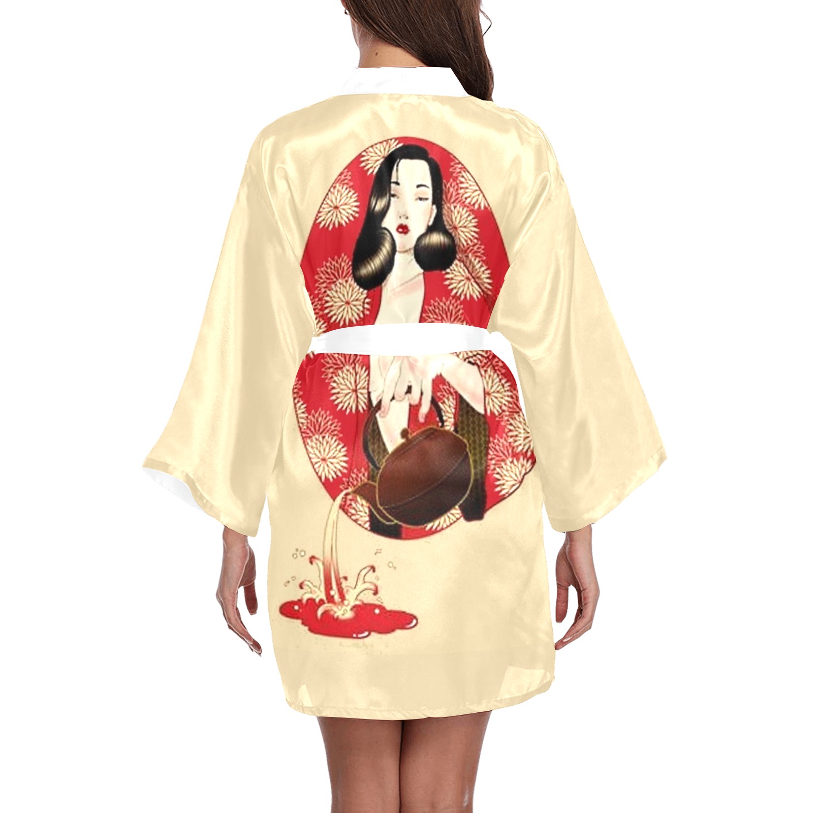 Asian Lady Pouring Tea Long Sleeve Kimono Robe