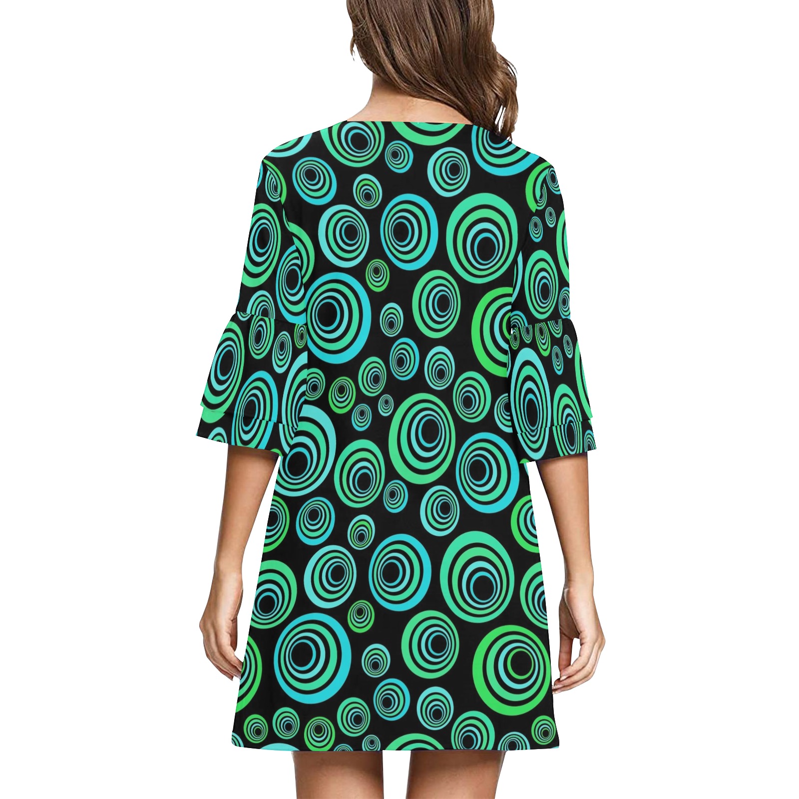 Retro Psychedelic Pretty Green Pattern Half Sleeves V-Neck Mini Dress (Model D63)