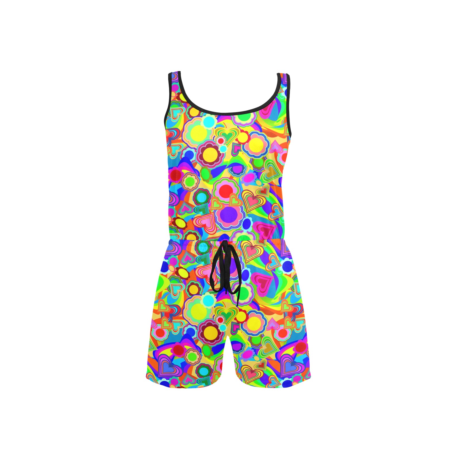 Groovy Hearts and Flowers All Over Print Short Jumpsuit