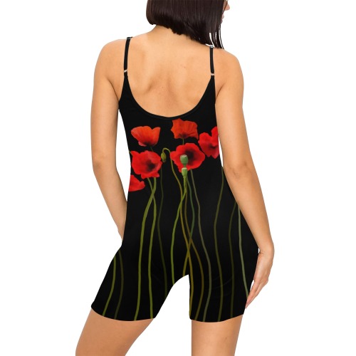 Poppies Floral Design Papaver somniferum on black Women's Short Yoga Bodysuit