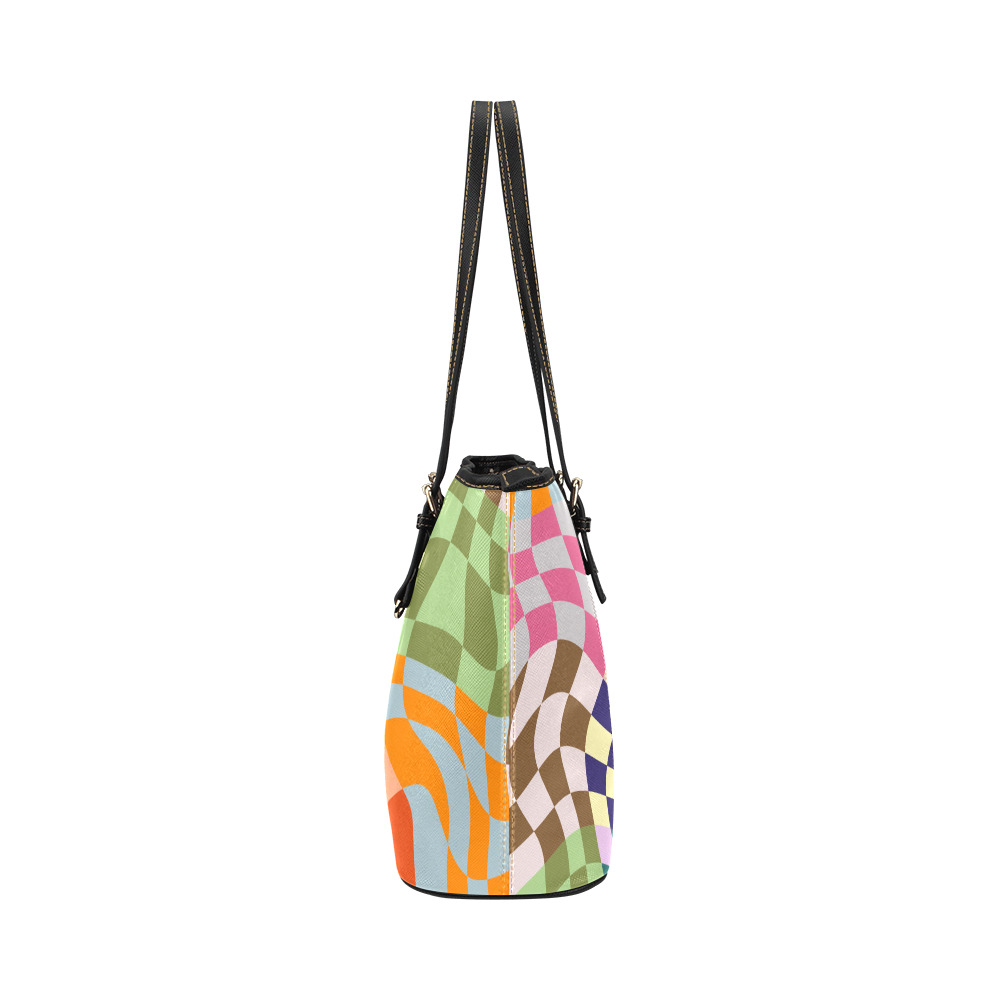 Wavy Groovy Geometric Checkered Retro Abstract Mosaic Pixels Leather Tote Bag/Large (Model 1651)