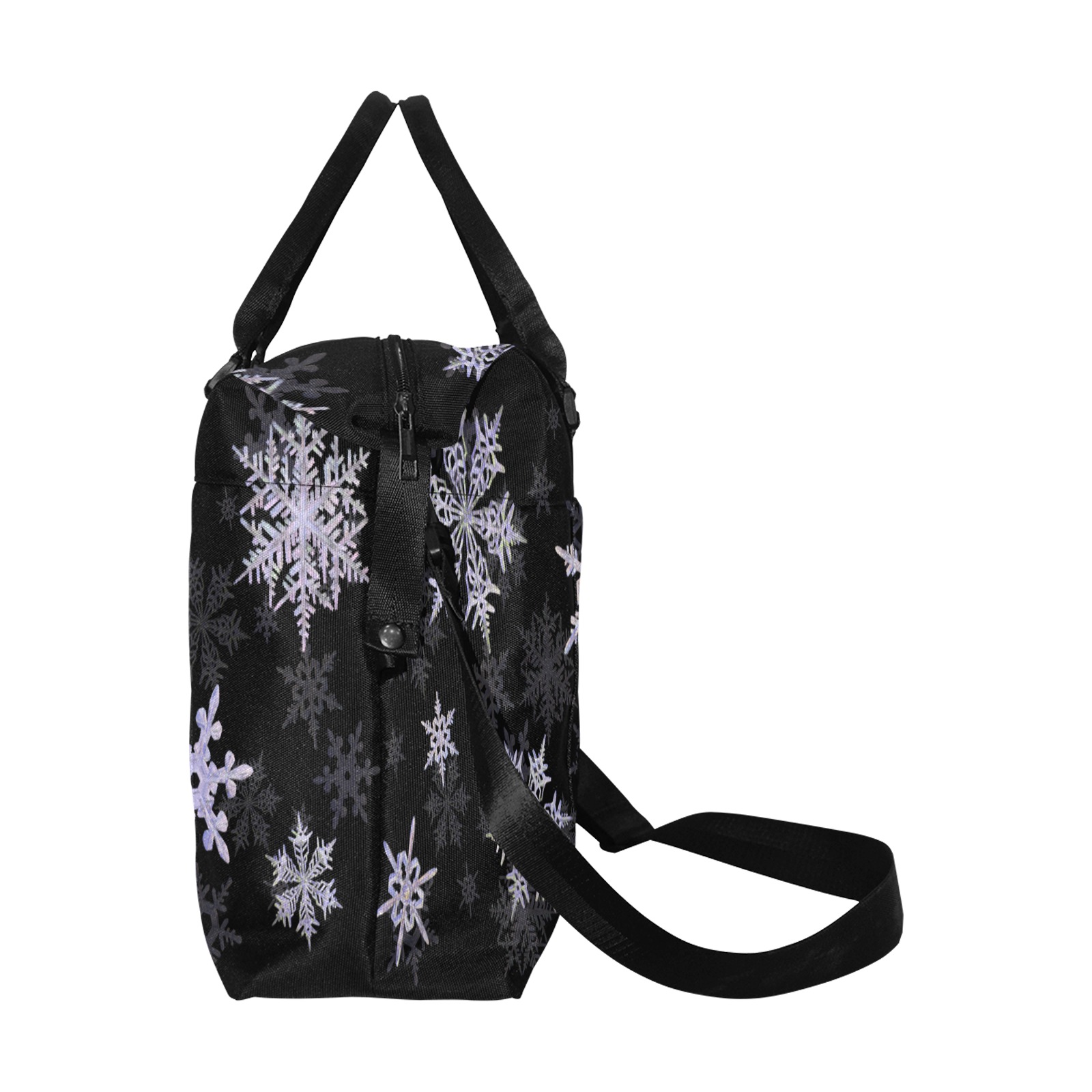 Snowflakes Winter Christmas Time pattern on black Large Capacity Duffle Bag (Model 1715)
