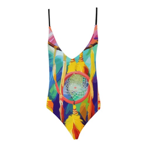 Colorful traditional magical dreamcatcher art. Sexy Lacing Backless One-Piece Swimsuit (Model S10)