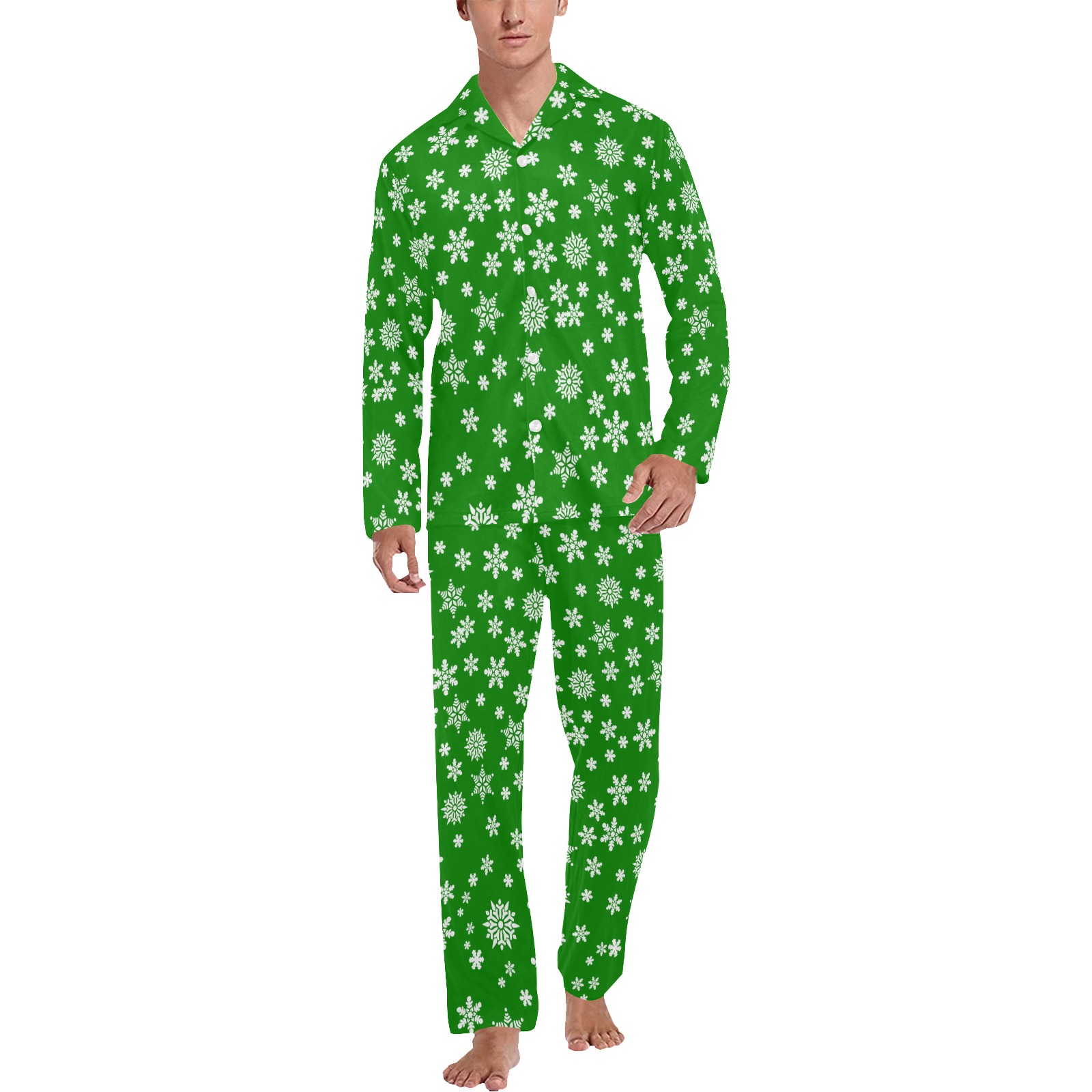 Christmas White Snowflakes on Green Men's V-Neck Long Pajama Set