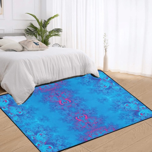 Blue Flowers on the Ocean Frost Fractal Area Rug with Black Binding 7'x5'