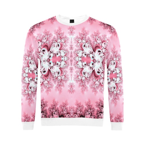 Pink Rose Garden Frost Fractal All Over Print Crewneck Sweatshirt for Men (Model H18)