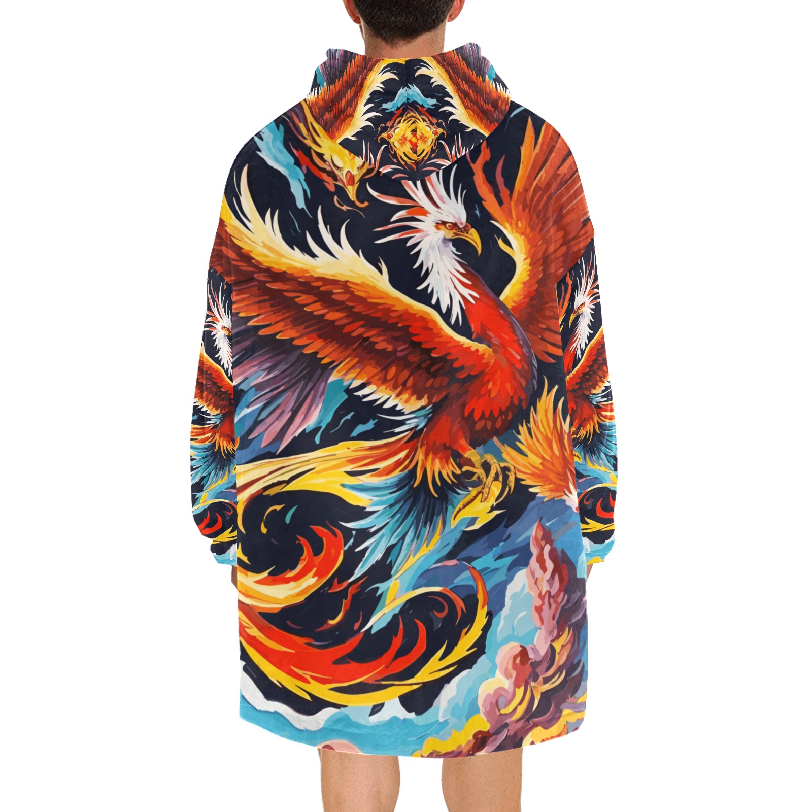 Fire, smoke, phoenix birds, black background art. Blanket Hoodie for Men
