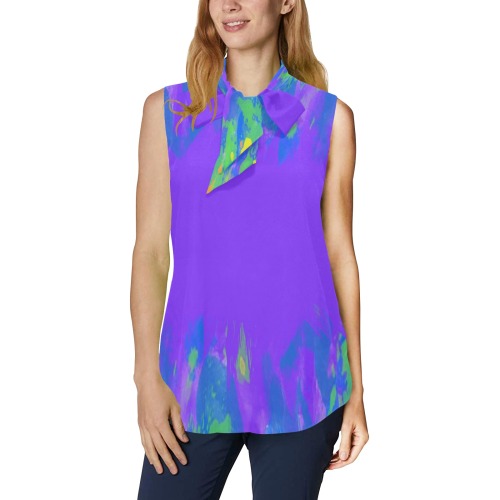 Abstract Paint Splatter Purple Women's Bow Tie V-Neck Sleeveless Shirt (Model T69)