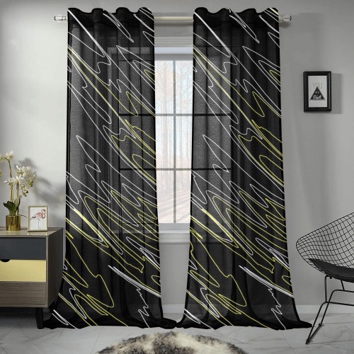 Marbled Black Yellow Gauze Curtain 28"x95" (Two-Piece)