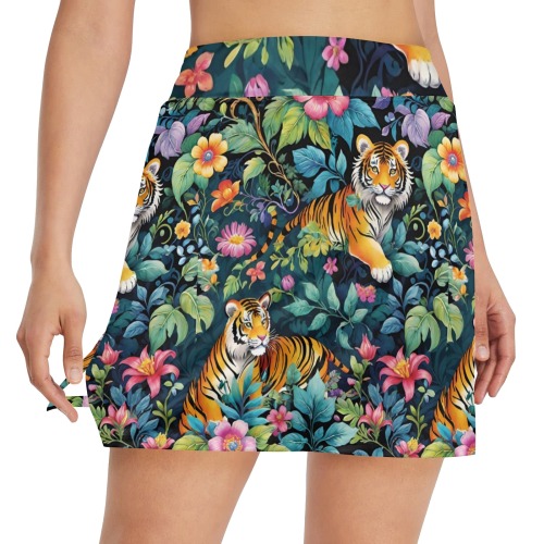 Jungle Tigers and Tropical Flowers Pattern Women's Golf Skirt with Pockets (Model D64)