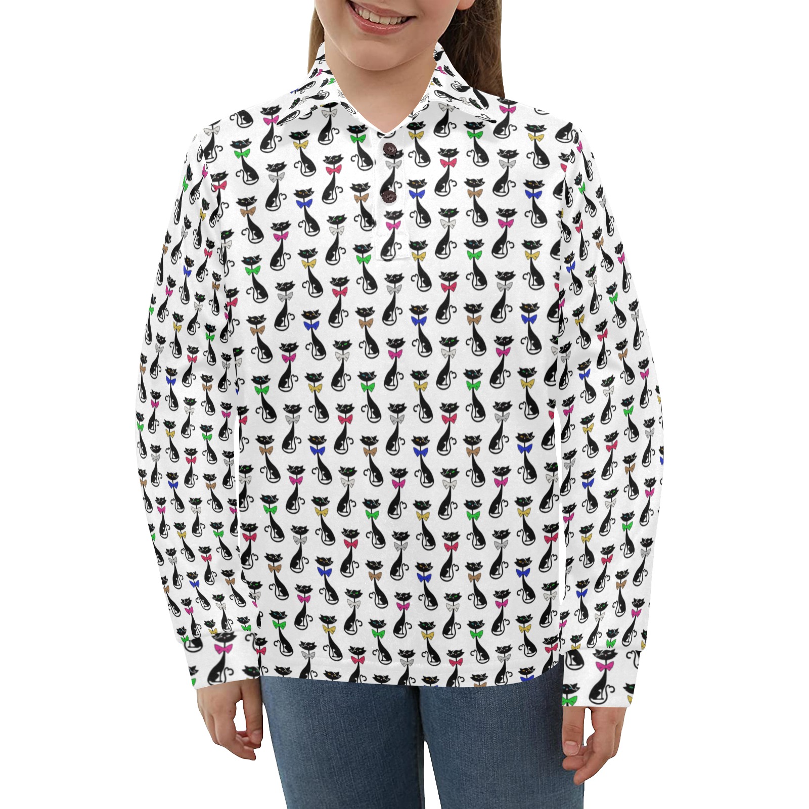 Black Cats Wearing Bow Ties Big Girls' All Over Print Long Sleeve Polo Shirt (Model T73)
