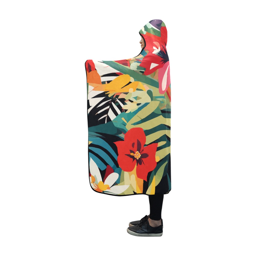 Trendy colorful art of tropical plants, flowers. Hooded Blanket 60''x50''