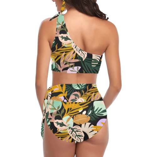 Dark modern abstract jungle CPD8 High Waisted One Shoulder Bikini Set (Model S16)