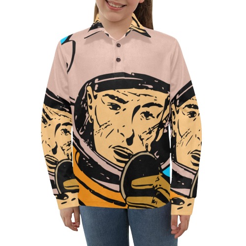 astronaut Big Girls' All Over Print Long Sleeve Polo Shirt (Model T73)