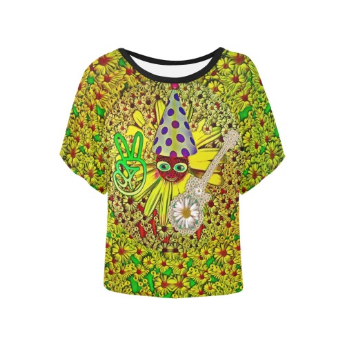 festive peace loving cartoon with a guitar Women's Batwing-Sleeved Blouse T shirt (Model T44)