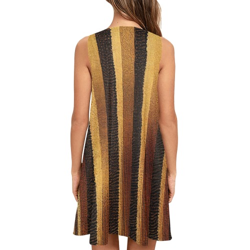 vertical striped pattern, gold and brown Sleeveless A-Line Pocket Dress (Model D57)