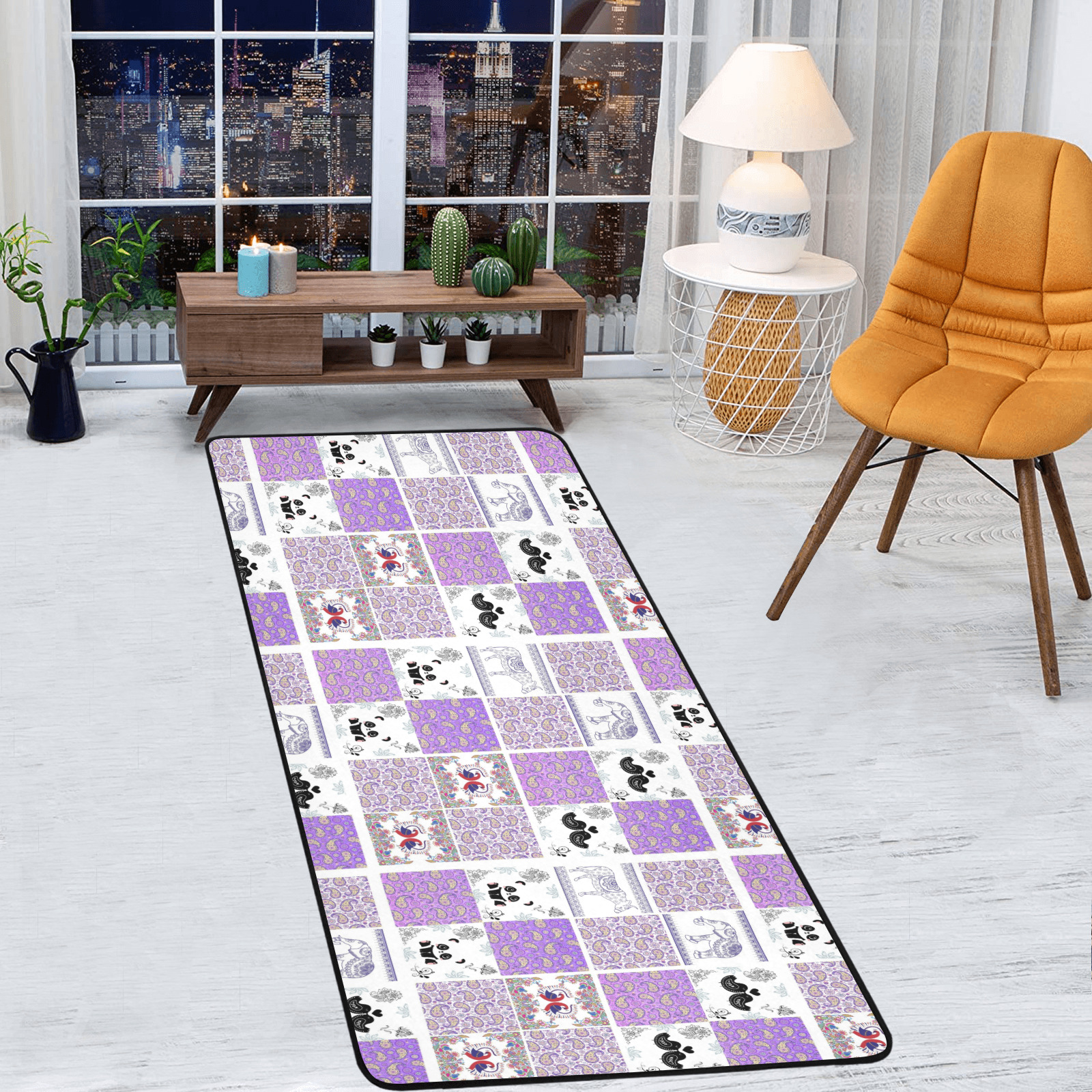Purple Paisley Birds and Animals Patchwork Design Area Rug with Black Binding  7'x3'3''