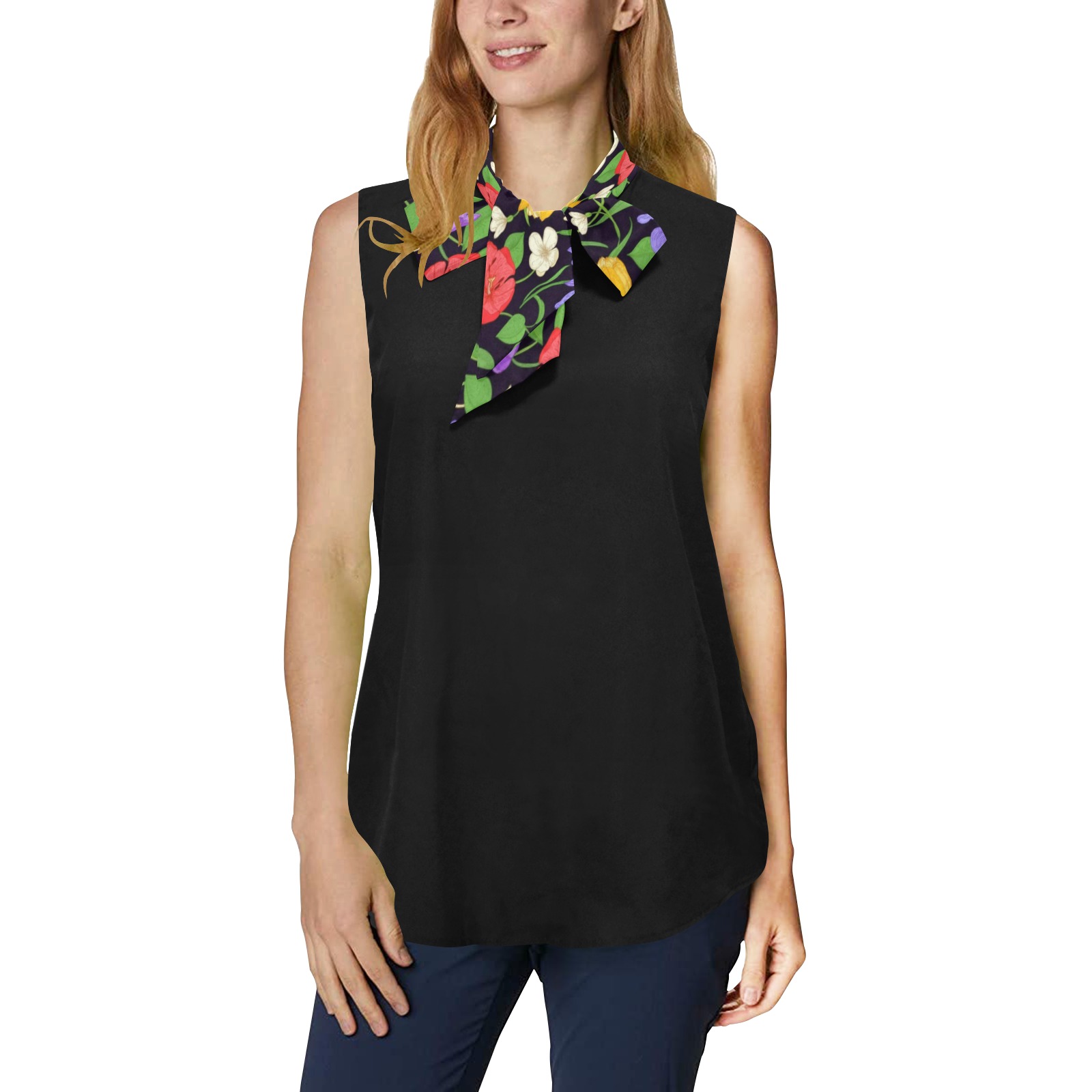 Multicolor Romantic Blooms Print Women's Bow Tie V-Neck Sleeveless Shirt (Model T69)