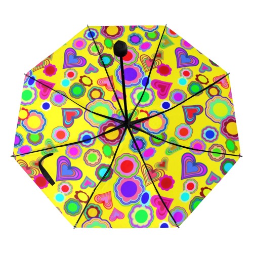 Groovy Hearts and Flowers Yellow Anti-UV Foldable Umbrella (Underside Printing) (U07)