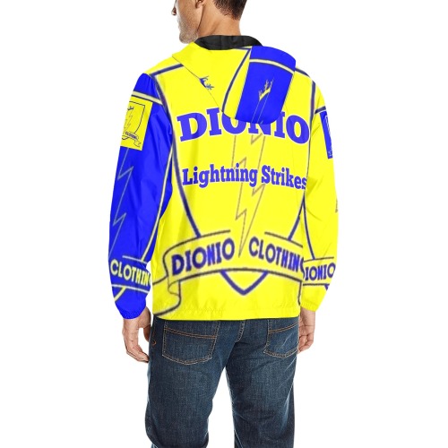 DIONIO Clothing - Lightning Strikes Quilted Windbreaker (Double Shielded Logo Blue & Yellow) All Over Print Quilted Windbreaker for Men (Model H35)