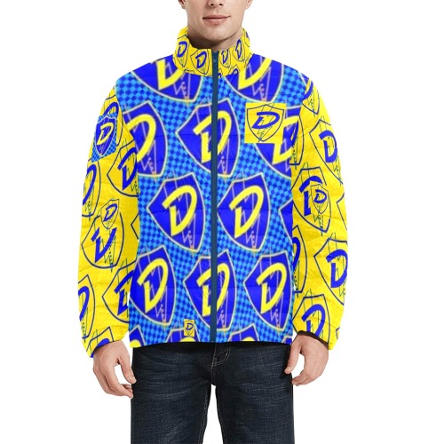 DIONIO Clothing - Big D Shield Puffy Jacket (Grand Prix Blue & Yellow, Blue & Yellow Logo) Men's Stand Collar Padded Jacket (Model H41)