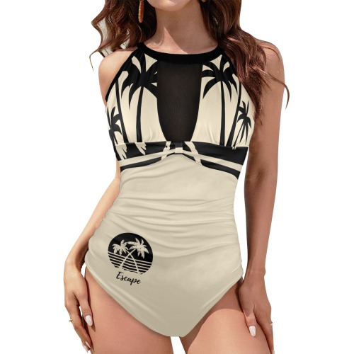 Escape Woman's Swimwear Beige Women's High Neck Plunge Mesh Ruched Swimsuit (S43)