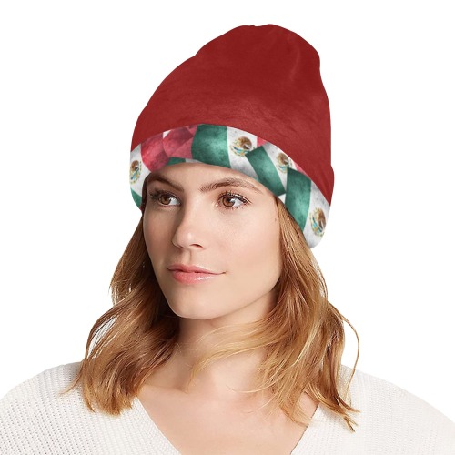 Mexican Flags with Red All Over Print Beanie for Adults