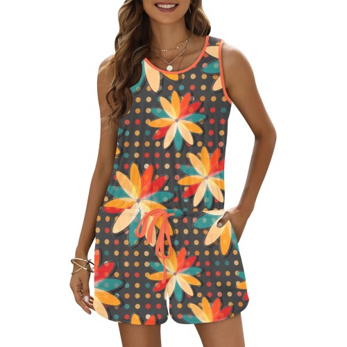 Flowers and Polka Dots All Over Print Vest Short Jumpsuit