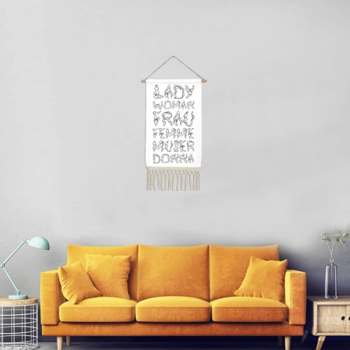 Black word WOMAN in a variety of languages art. Linen Hanging Poster