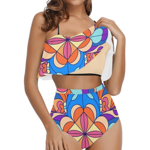 Stained glass Collectable Fly High Waisted Ruffle Bikini Set (Model S13)