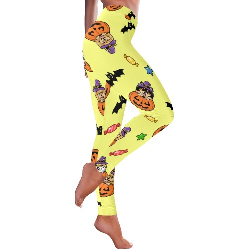 Pomeranian Halloween Yellow Pattern Women's Low Rise Leggings (Invisible Stitch) (Model L05)