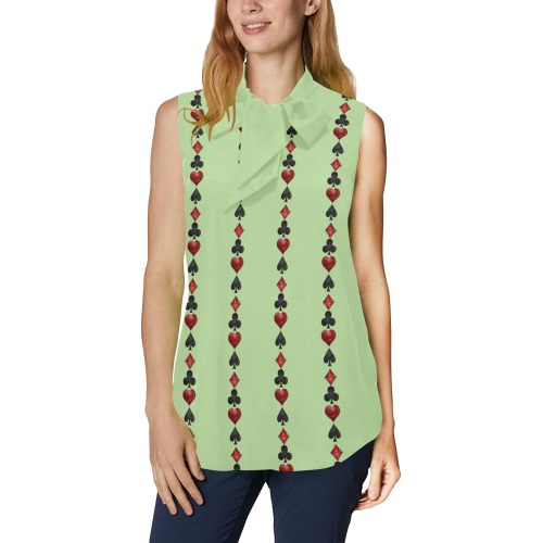 Black Red Playing Card Shapes - Green Women's Bow Tie V-Neck Sleeveless Shirt (Model T69)