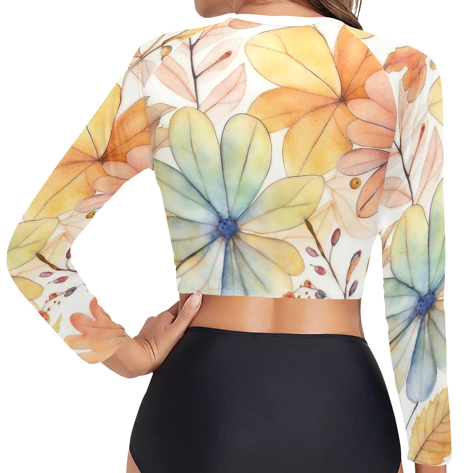 Watercolor Floral 2 Long Sleeve Bikini Top (Model S27)