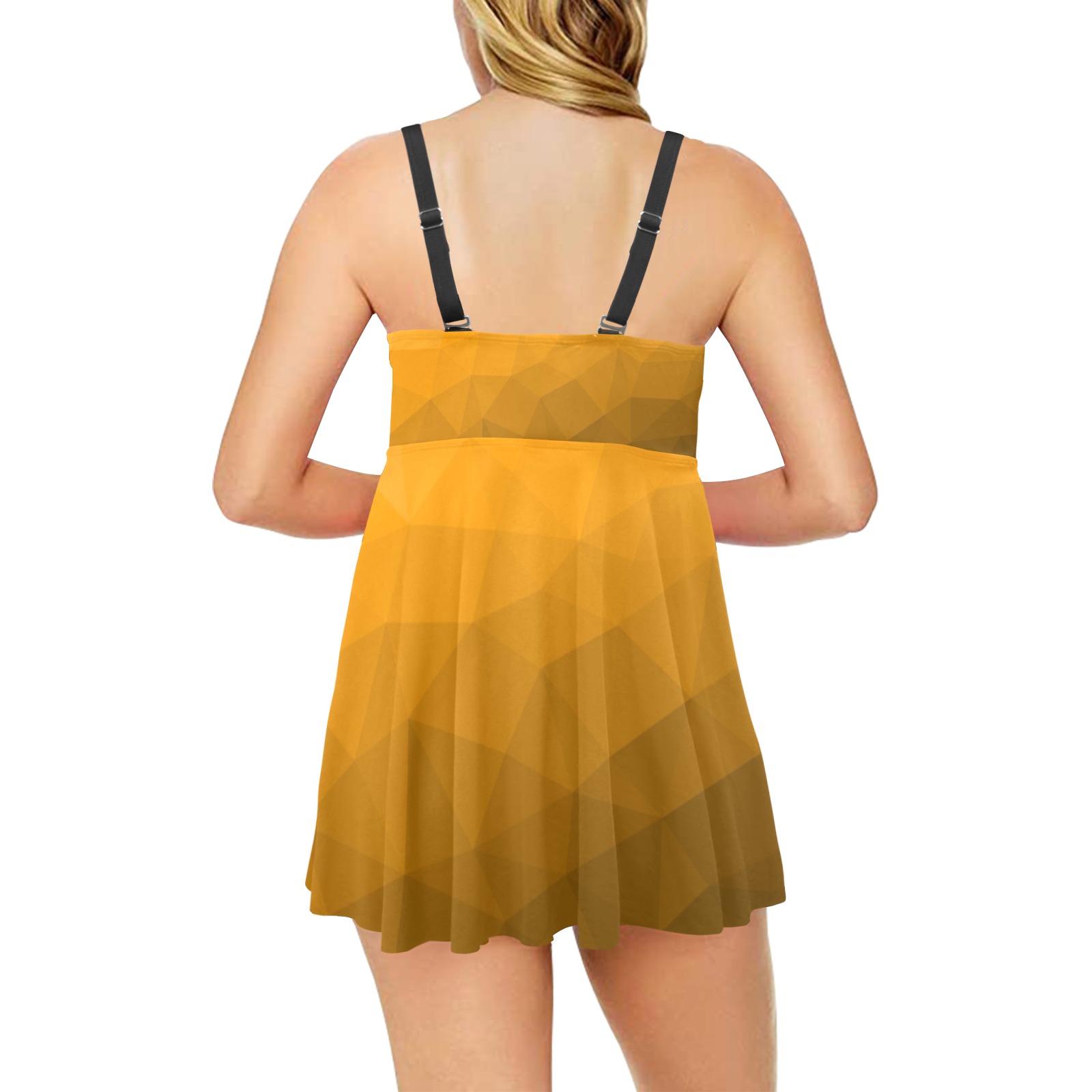 Orange gradient geometric mesh pattern Chest Pleat Swim Dress (Model ...