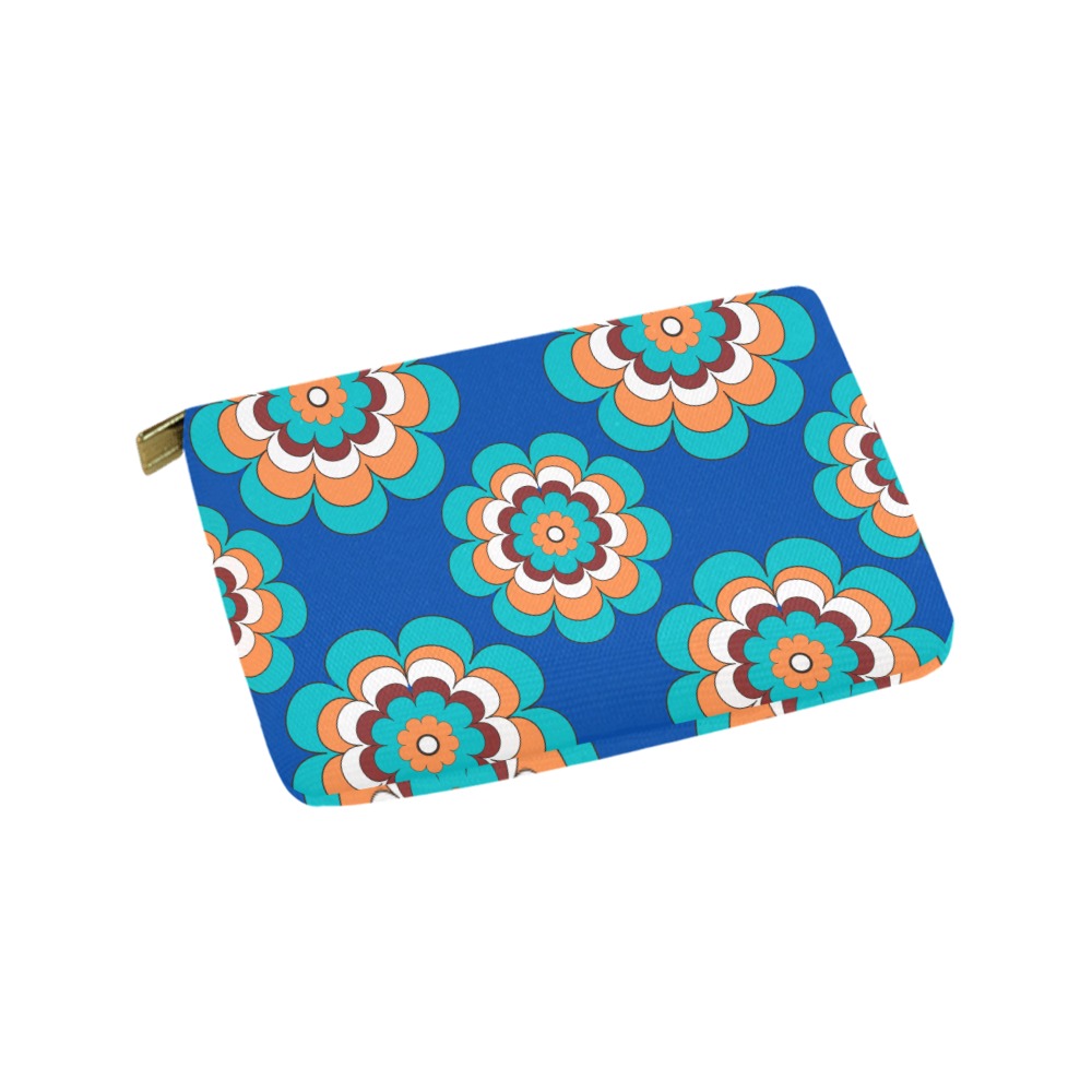 Turquoise Flowers on Blue Carry-All Pouch 9.5''x6''