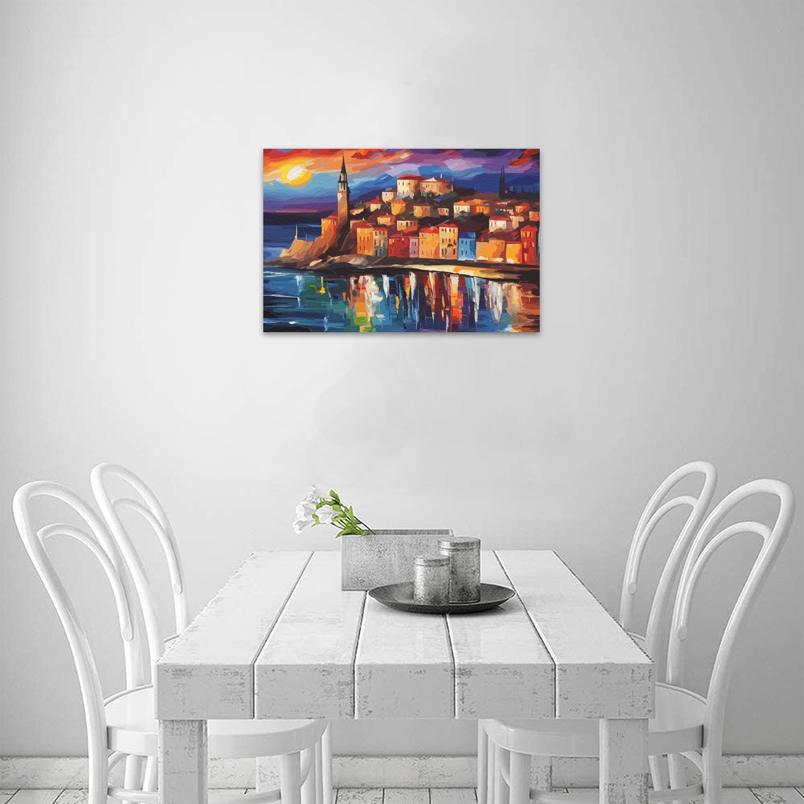Fantasy city by the warm sea at sunset. Cool art. Upgraded Canvas Print 18"x12"