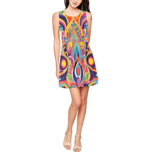 Abstract Retro Hippie Paisley Floral Thea Sleeveless Skater Dress(Model D19)