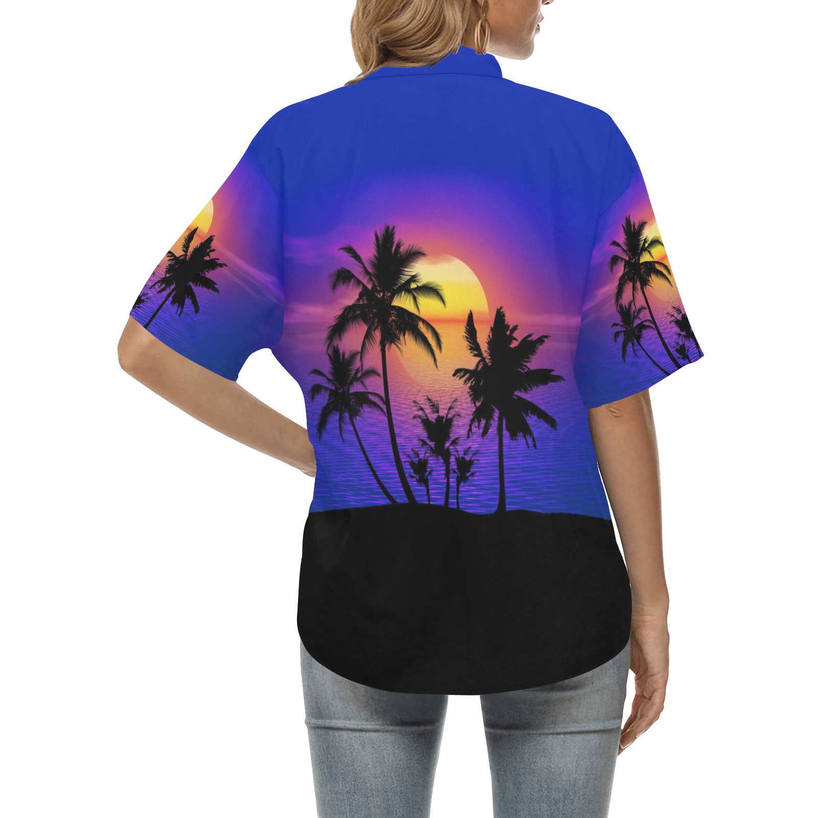 Tropical Sunset Palm Trees All Over Print Hawaiian Shirt for Women (Model T58)