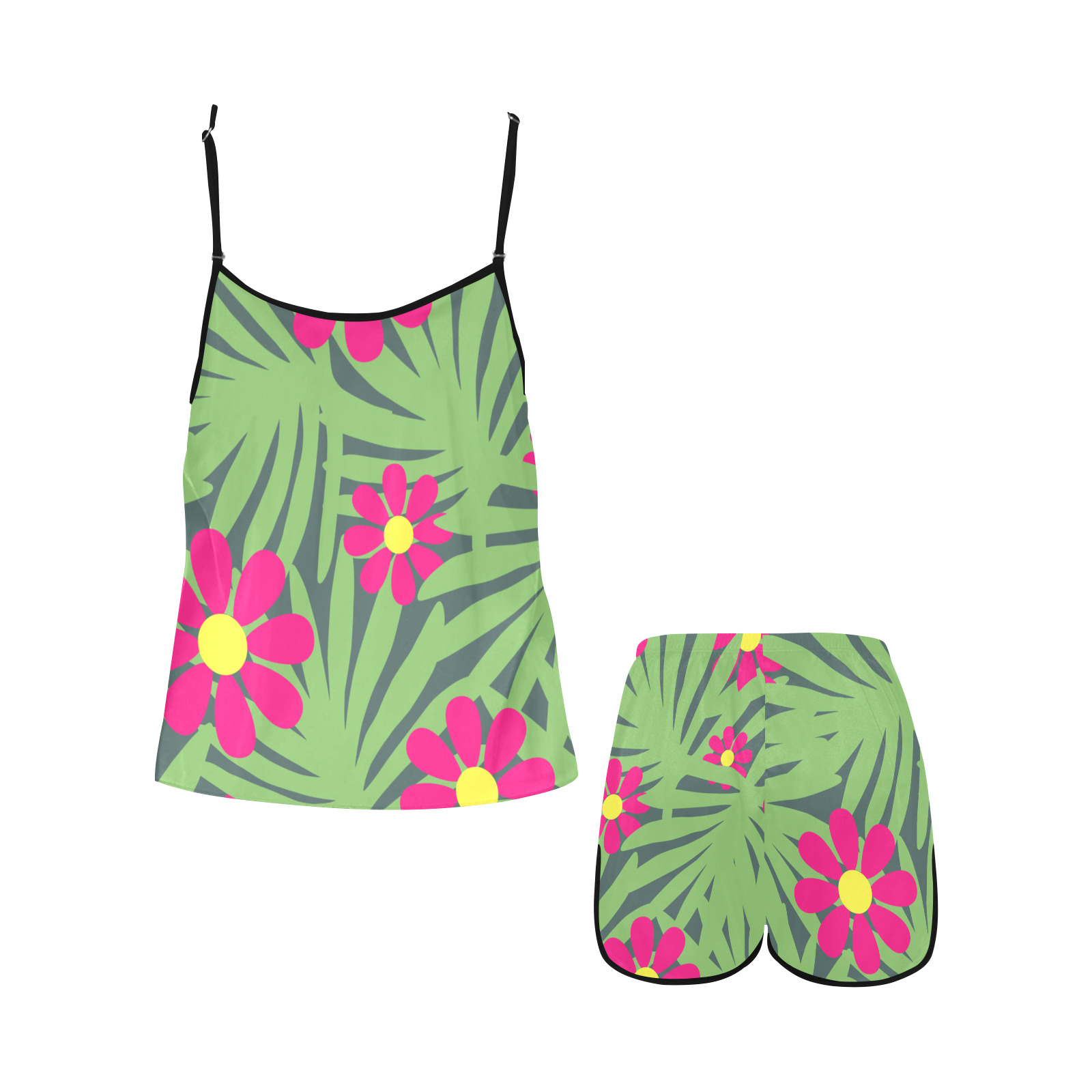 Pink Exotic Paradise Jungle Flowers and Leaves Women's Spaghetti Strap Short Pajama Set