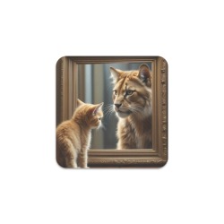 Shy Kitten Kitty Cat with a Lion in the Mirror Brave Self Confidence Square Coaster