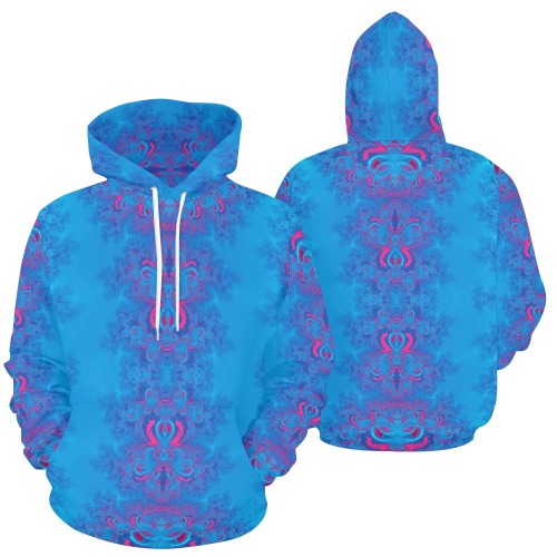 Blue Flowers on the Ocean Frost Fractal All Over Print Hoodie for Women (USA Size) (Model H13)