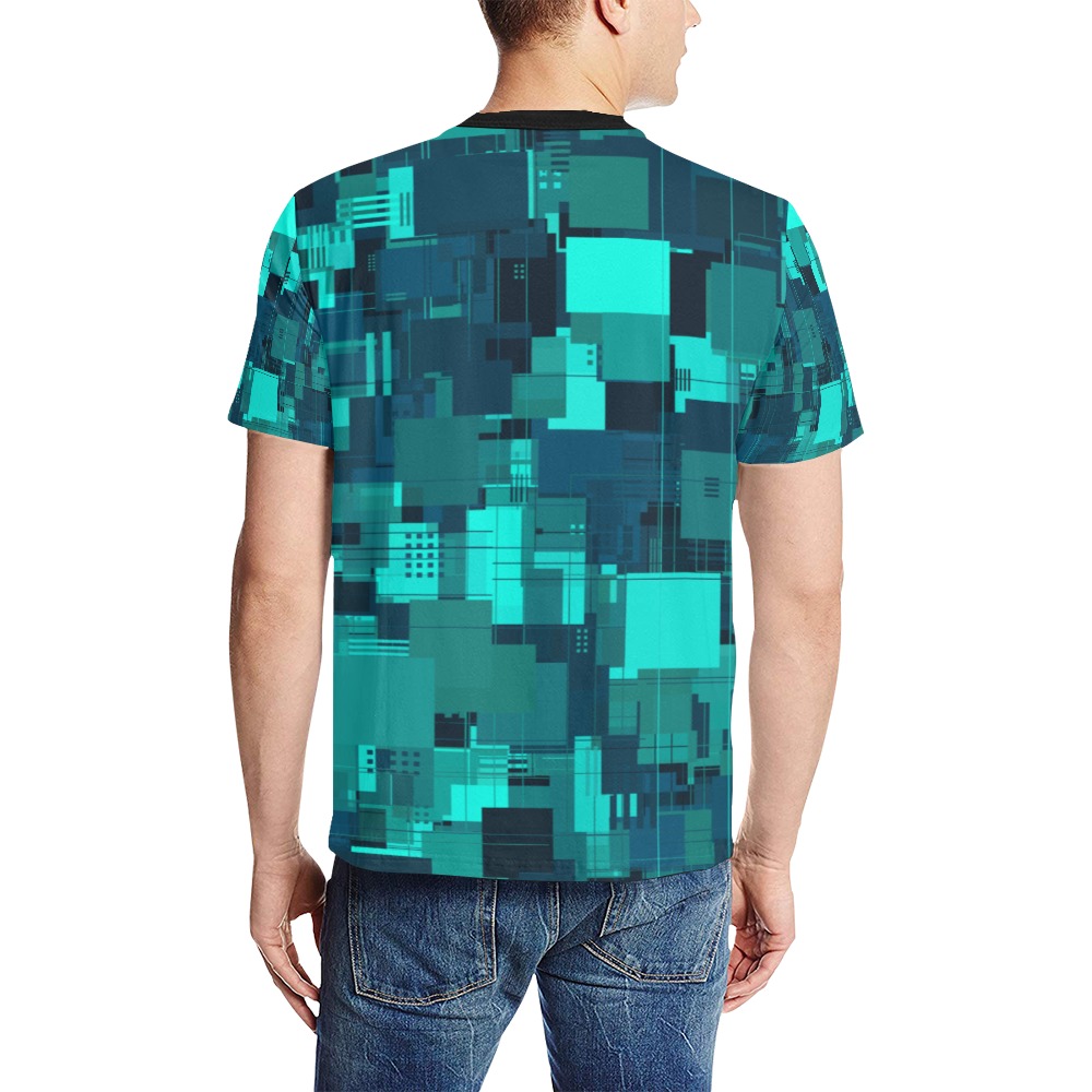 Random Shapes Pattern (Teal) Men's All Over Print T-Shirt (Solid Color Neck) (Model T63)