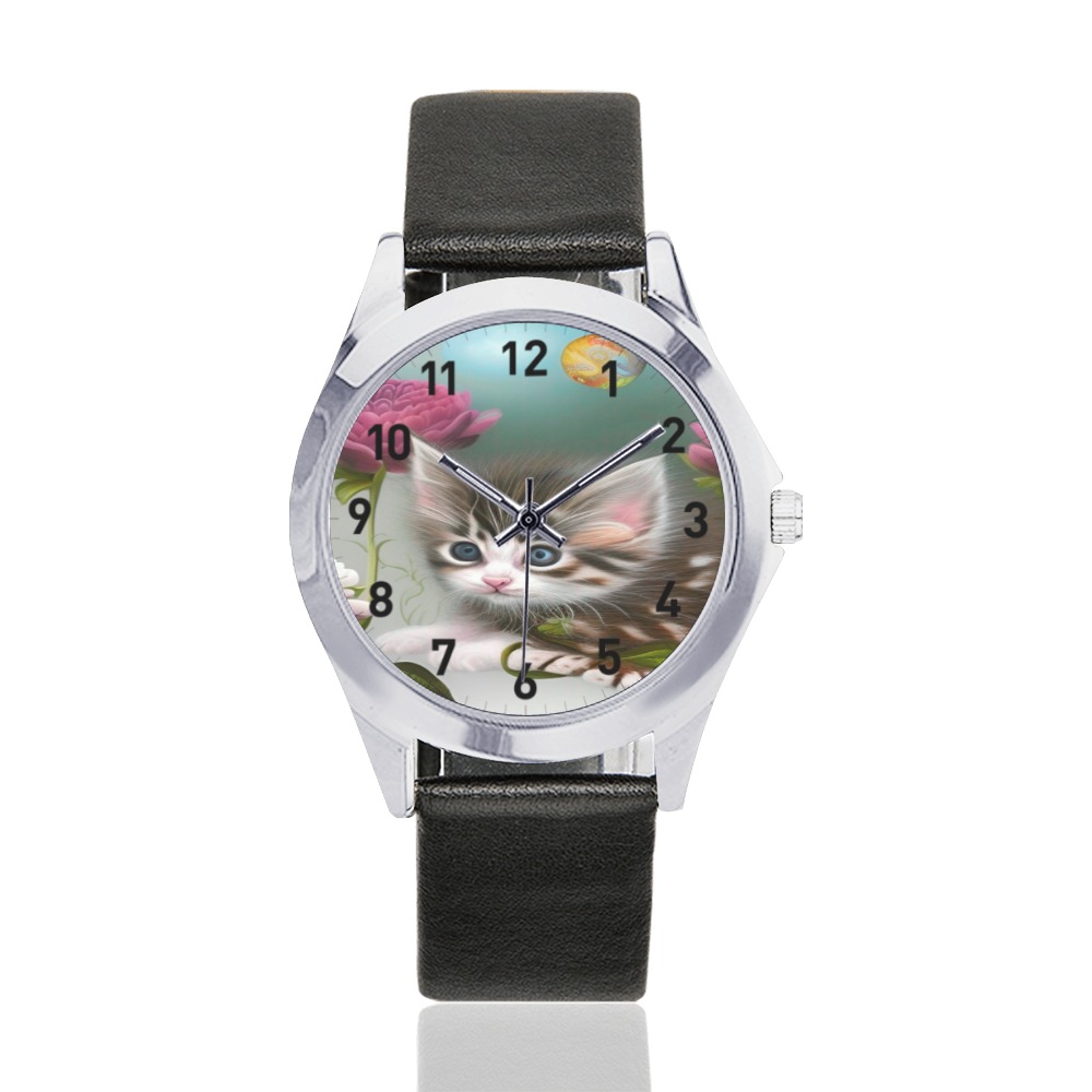 Cute Kittens 4 Unisex Silver-Tone Round Leather Watch (Model 216)