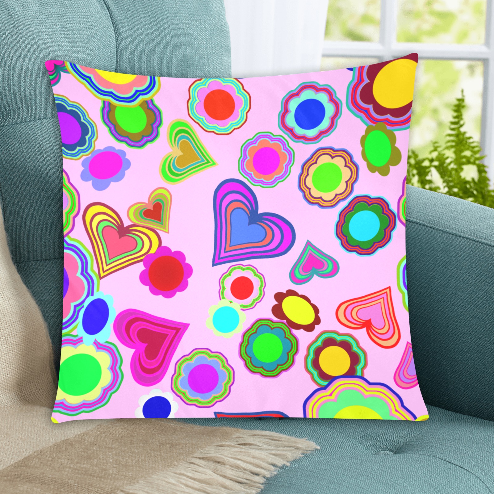 Groovy Hearts and Flowers Pink Custom Zippered Pillow Cases 20"x20" (Two Sides)