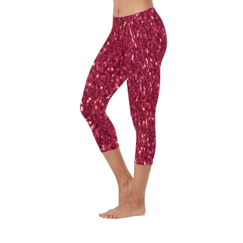 Magenta dark pink red faux sparkles glitter Women's Low Rise Capri Leggings (Invisible Stitch) (Model L08)