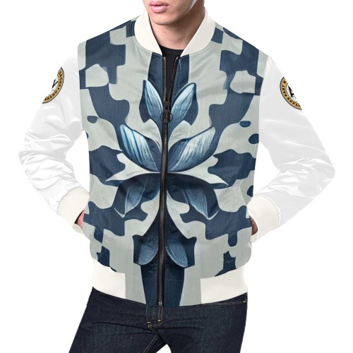 dark blue and white pattern, white sleeve All Over Print Bomber Jacket for Men (Model H19)